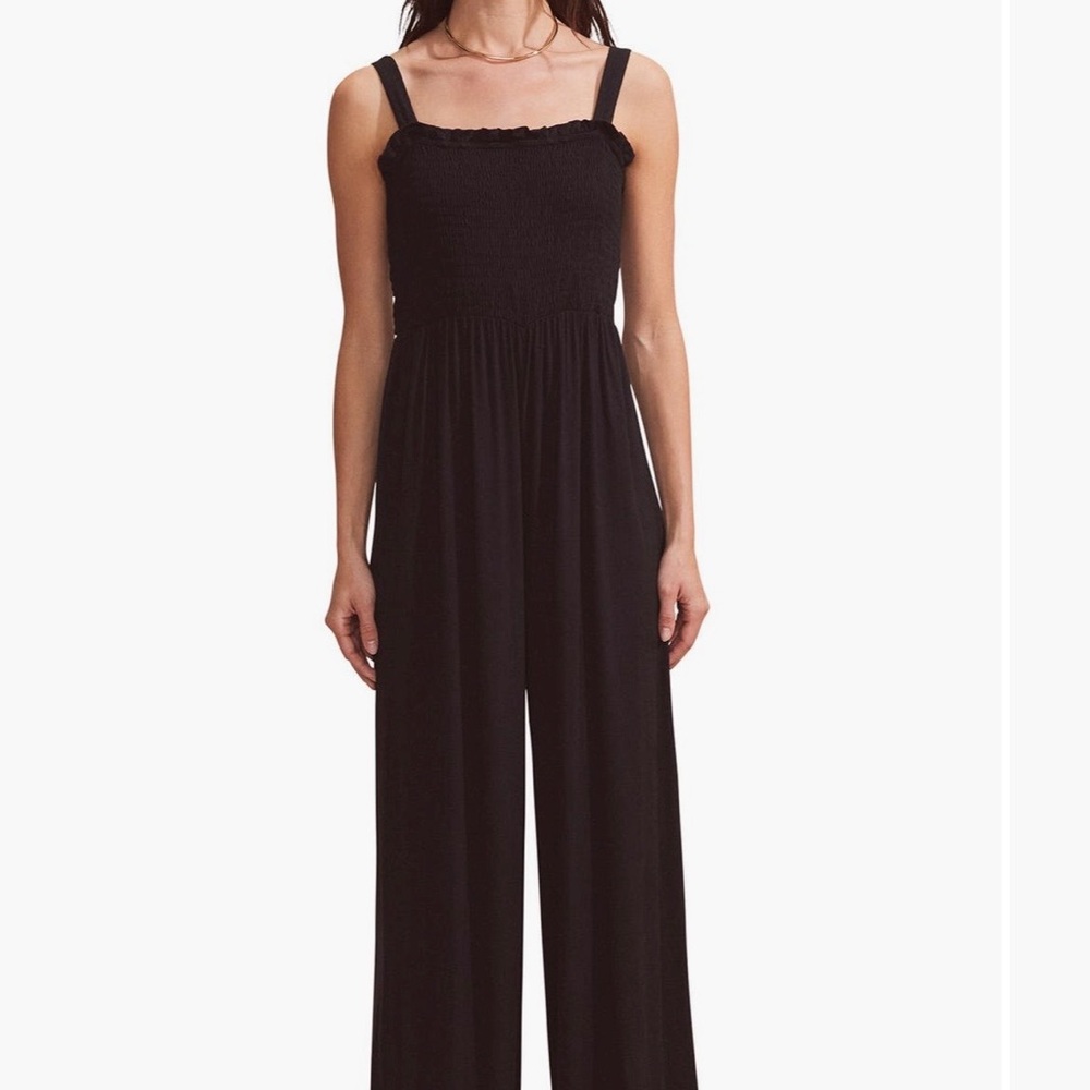 NWT Black Smocked-Strap Wide-Leg Jumpsuit